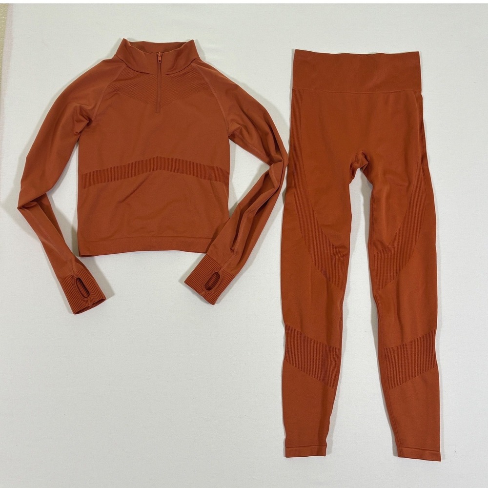 VS PINK Womens XS S Rust Orange Seamless Quarter Zip Leggings Activewear Set